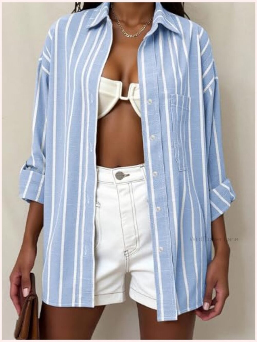 Oversized Linen Button Down Shirt Long Sleeve Collared Blouse with Pocket Beach - Picture 4 of 7